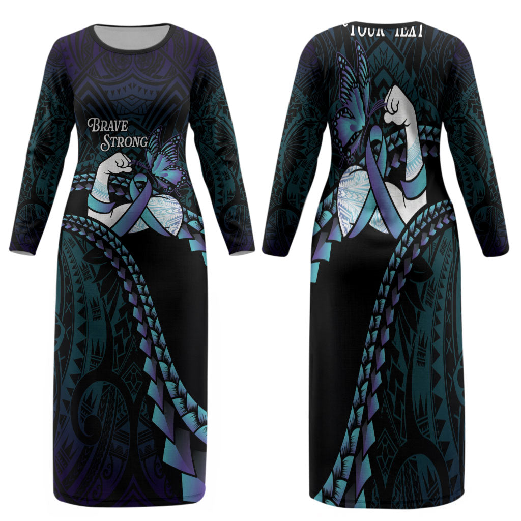 Personalised Polynesia Suicide Prevention Month Family Matching Long Sleeve Bodycon Dress and Hawaiian Shirt Brave Strong Butterfly Teal Purple Ribbon LT14 Mom's Dress Purple - Polynesian Pride