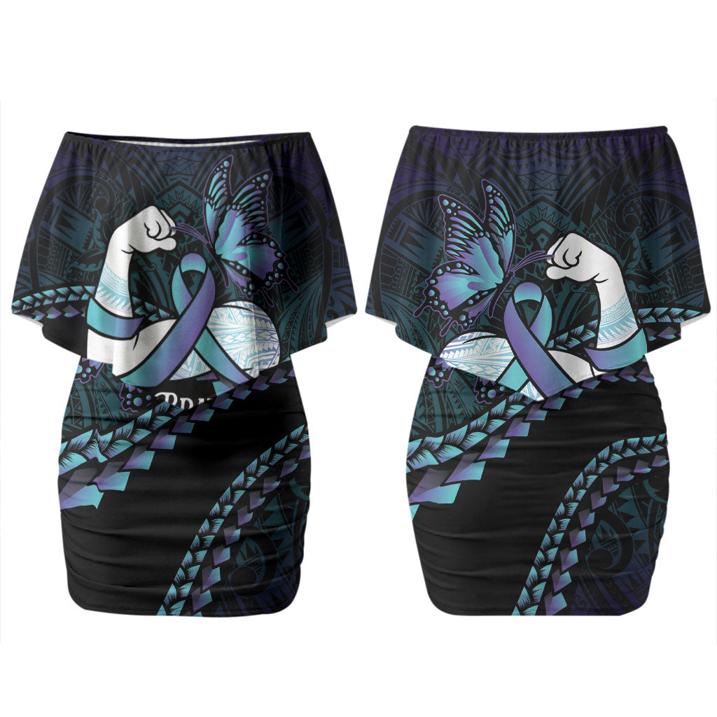Personalised Polynesia Suicide Prevention Month Family Matching Off Shoulder Short Dress and Hawaiian Shirt Brave Strong Butterfly Teal Purple Ribbon