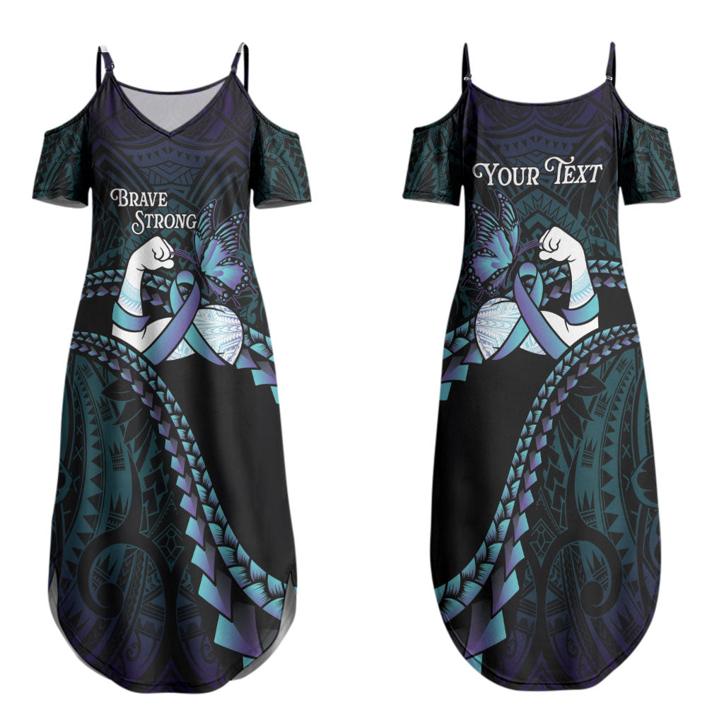 Personalised Polynesia Suicide Prevention Month Family Matching Summer Maxi Dress and Hawaiian Shirt Brave Strong Butterfly Teal Purple Ribbon