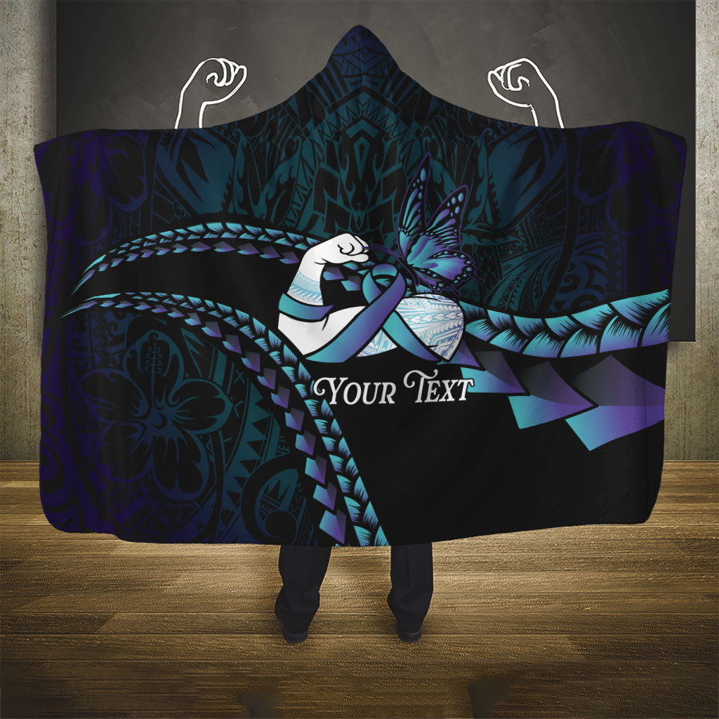 Personalised Polynesia Suicide Prevention Month Hooded Blanket Brave Strong Butterfly Teal Purple Ribbon