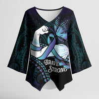 Personalised Polynesia Suicide Prevention Month Kimono Sleeve Blouse Brave Strong Butterfly Teal Purple Ribbon