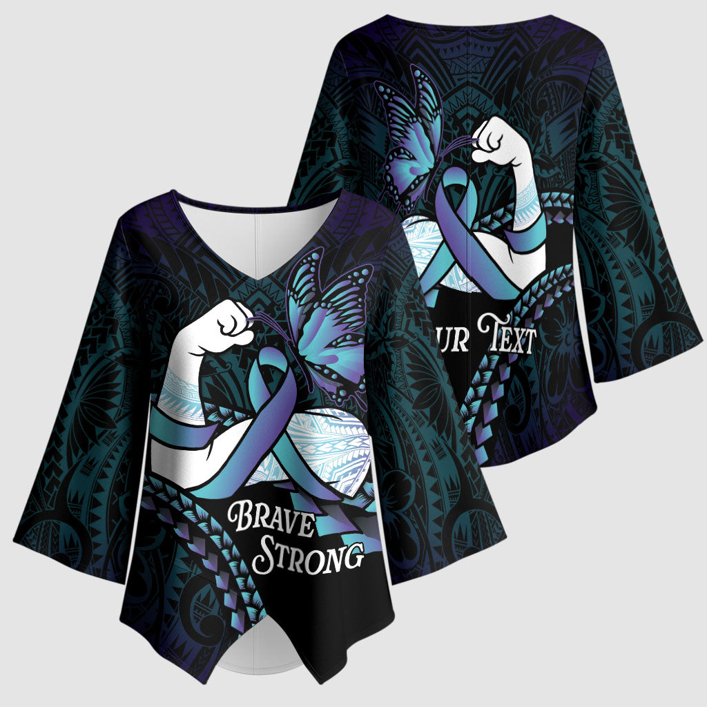 Personalised Polynesia Suicide Prevention Month Kimono Sleeve Blouse Brave Strong Butterfly Teal Purple Ribbon
