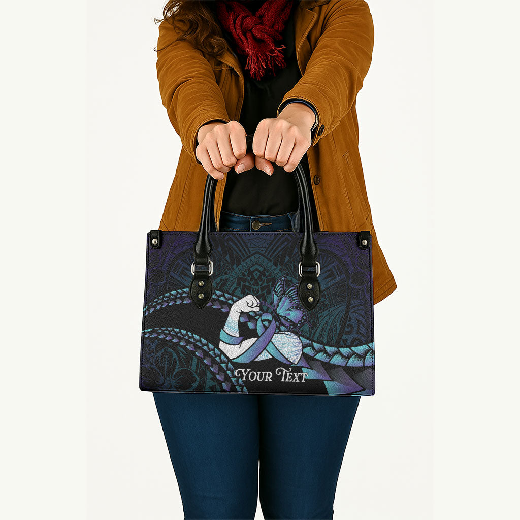 Personalised Polynesia Suicide Prevention Month Leather Bag Brave Strong Butterfly Teal Purple Ribbon