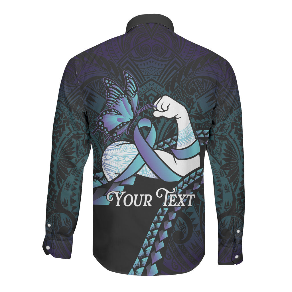 Personalised Polynesia Suicide Prevention Month Long Sleeve Button Shirt Brave Strong Butterfly Teal Purple Ribbon