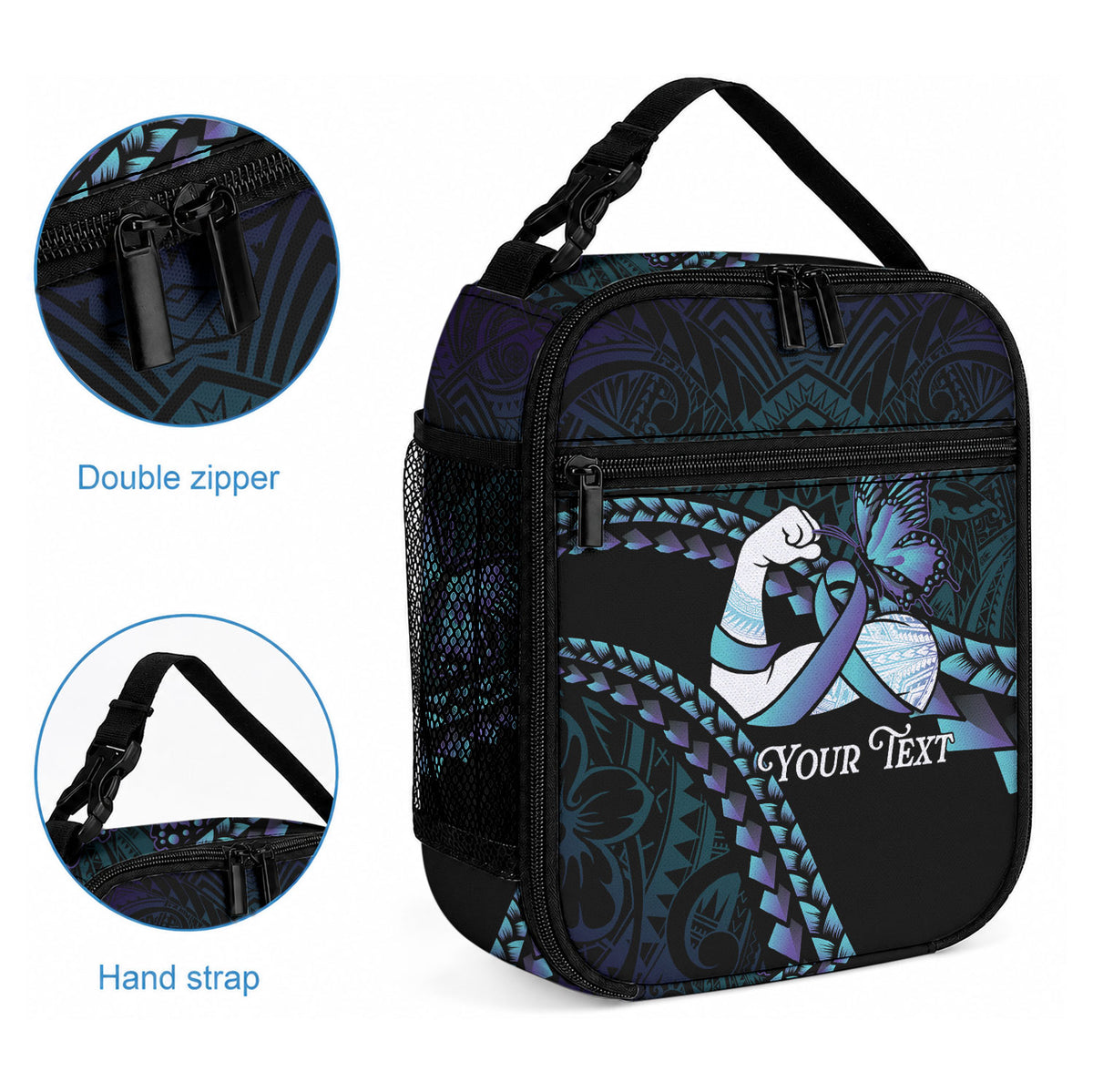 Personalised Polynesia Suicide Prevention Month Lunch Bag Brave Strong Butterfly Teal Purple Ribbon