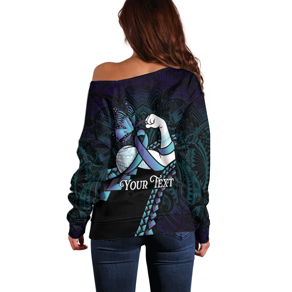 Personalised Polynesia Suicide Prevention Month Off Shoulder Sweater Brave Strong Butterfly Teal Purple Ribbon