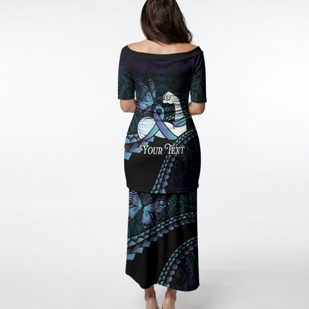 Personalised Polynesia Suicide Prevention Month Puletasi Brave Strong Butterfly Teal Purple Ribbon