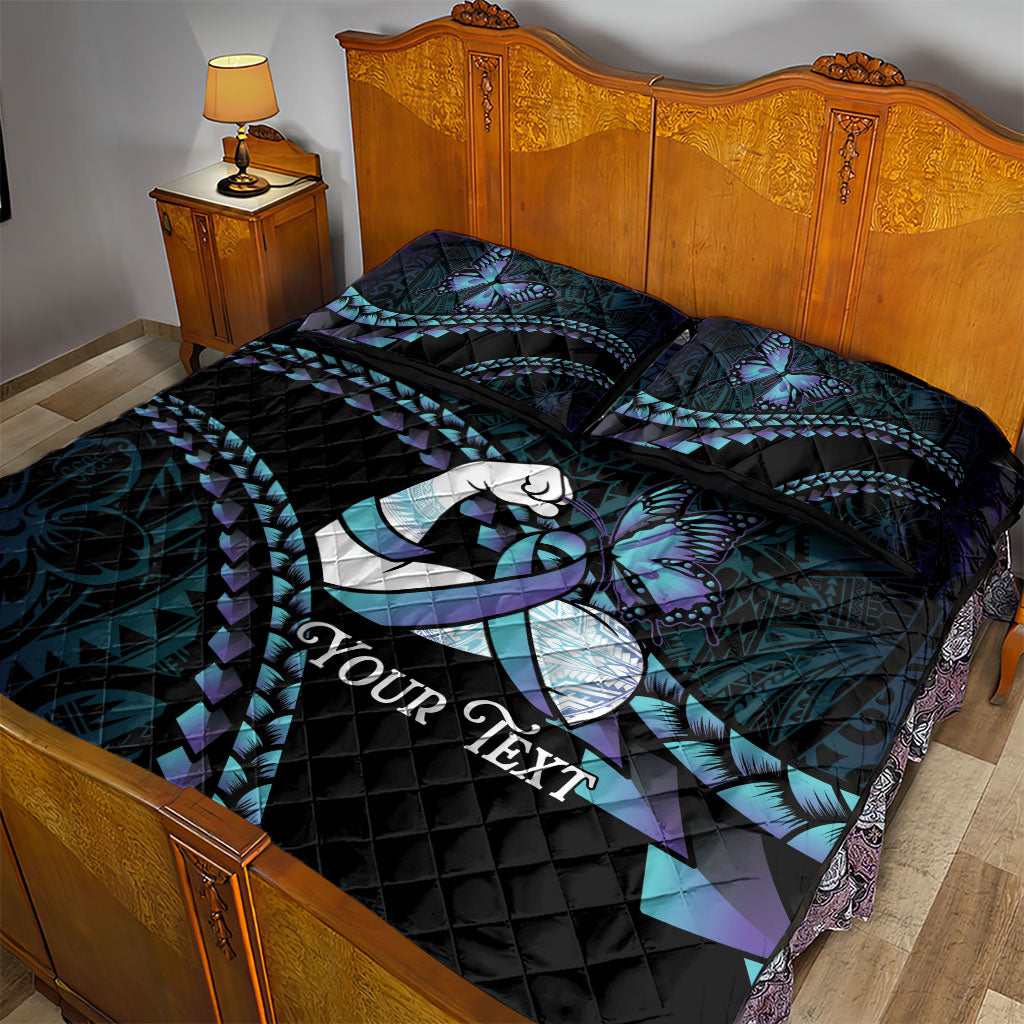Personalised Polynesia Suicide Prevention Month Quilt Bed Set Brave Strong Butterfly Teal Purple Ribbon