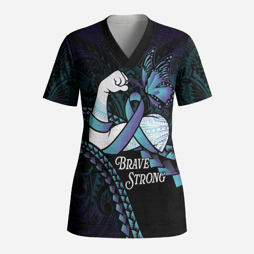 Personalised Polynesia Suicide Prevention Month Scrub Top Brave Strong Butterfly Teal Purple Ribbon