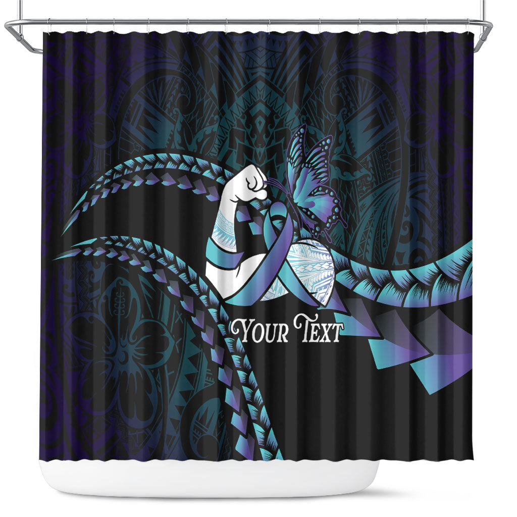 Personalised Polynesia Suicide Prevention Month Shower Curtain Brave Strong Butterfly Teal Purple Ribbon