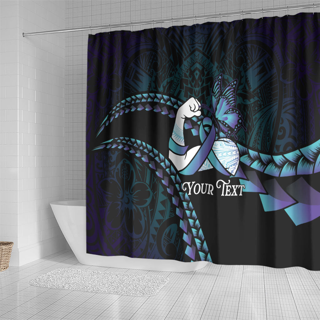 Personalised Polynesia Suicide Prevention Month Shower Curtain Brave Strong Butterfly Teal Purple Ribbon