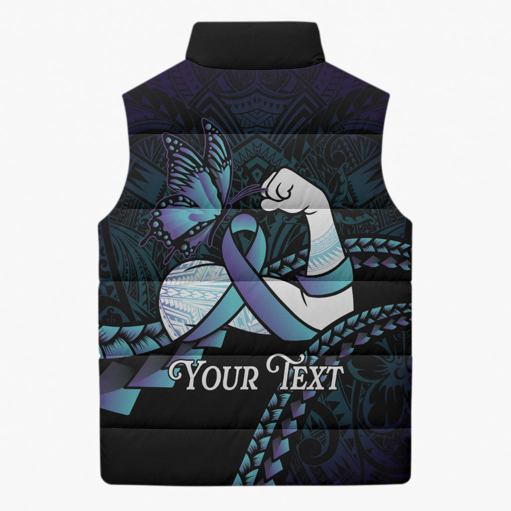 Personalised Polynesia Suicide Prevention Month Sleeveless Puffer Jacket Brave Strong Butterfly Teal Purple Ribbon