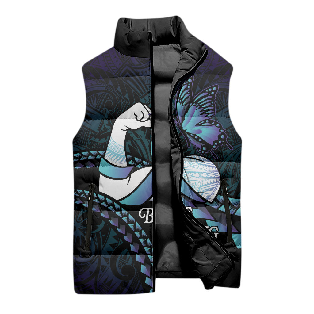 Personalised Polynesia Suicide Prevention Month Sleeveless Puffer Jacket Brave Strong Butterfly Teal Purple Ribbon