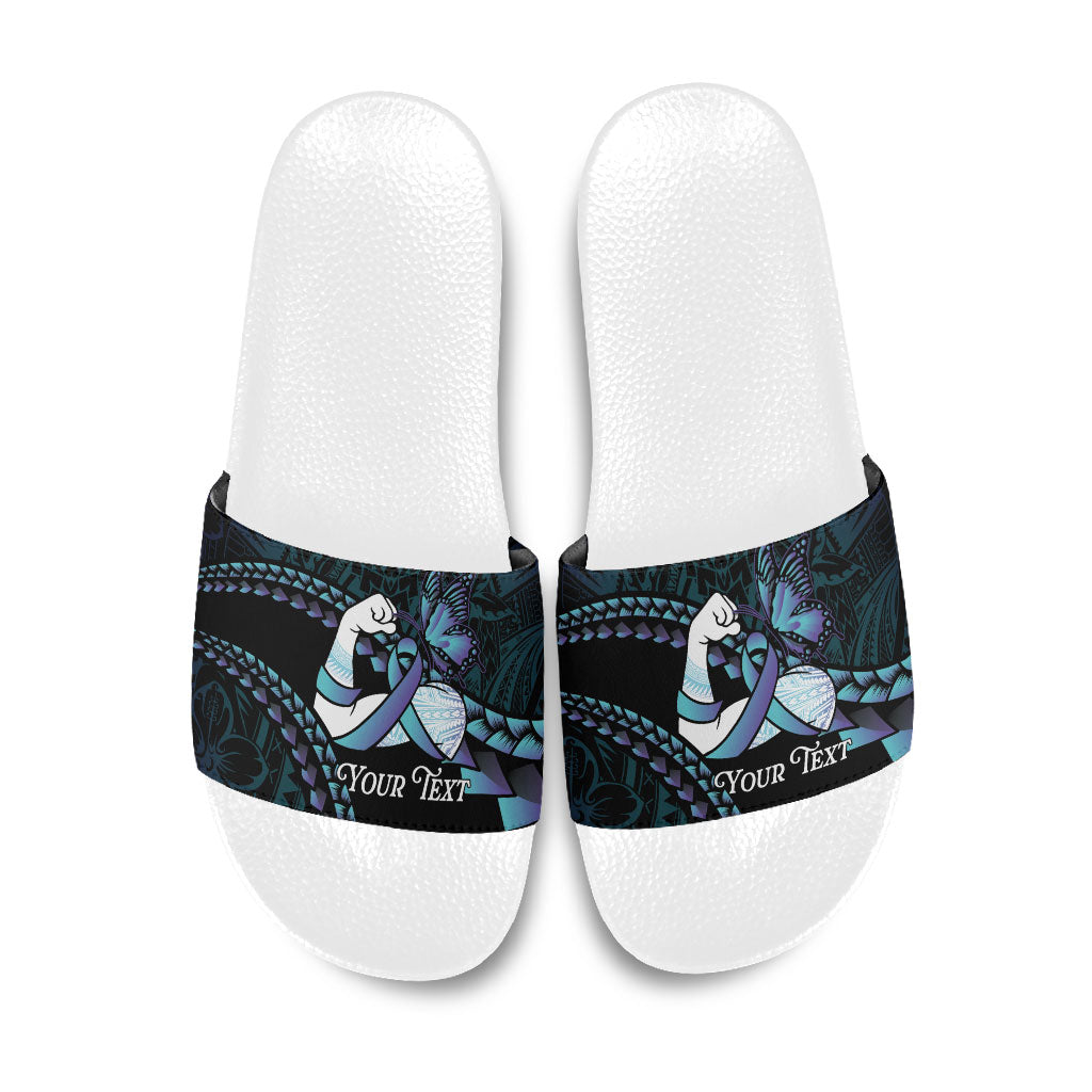 Personalised Polynesia Suicide Prevention Month Slide Sandals Brave Strong Butterfly Teal Purple Ribbon