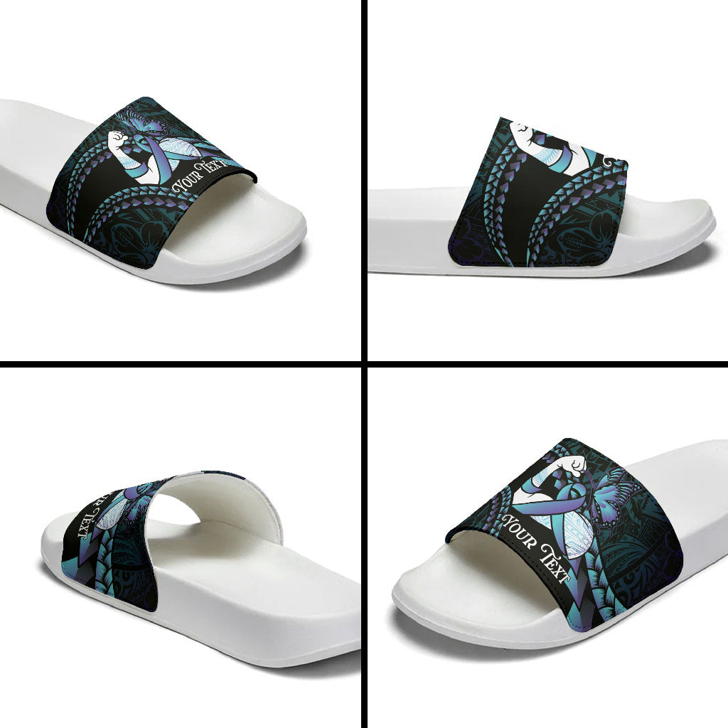 Personalised Polynesia Suicide Prevention Month Slide Sandals Brave Strong Butterfly Teal Purple Ribbon