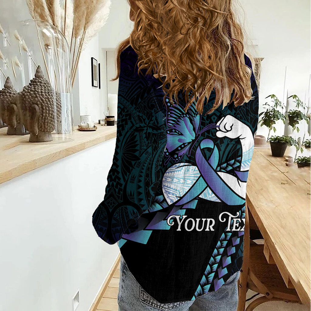 Personalised Polynesia Suicide Prevention Month Women Casual Shirt Brave Strong Butterfly Teal Purple Ribbon
