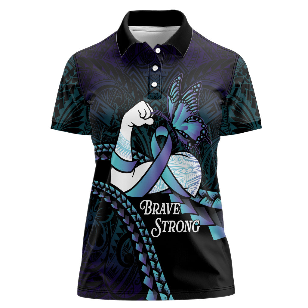 Personalised Polynesia Suicide Prevention Month Women Polo Shirt Brave Strong Butterfly Teal Purple Ribbon