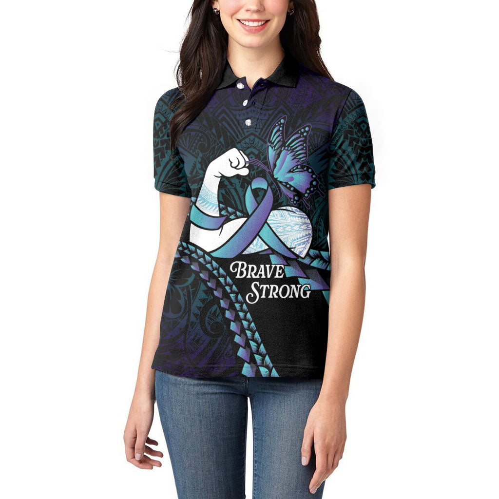 Personalised Polynesia Suicide Prevention Month Women Polo Shirt Brave Strong Butterfly Teal Purple Ribbon