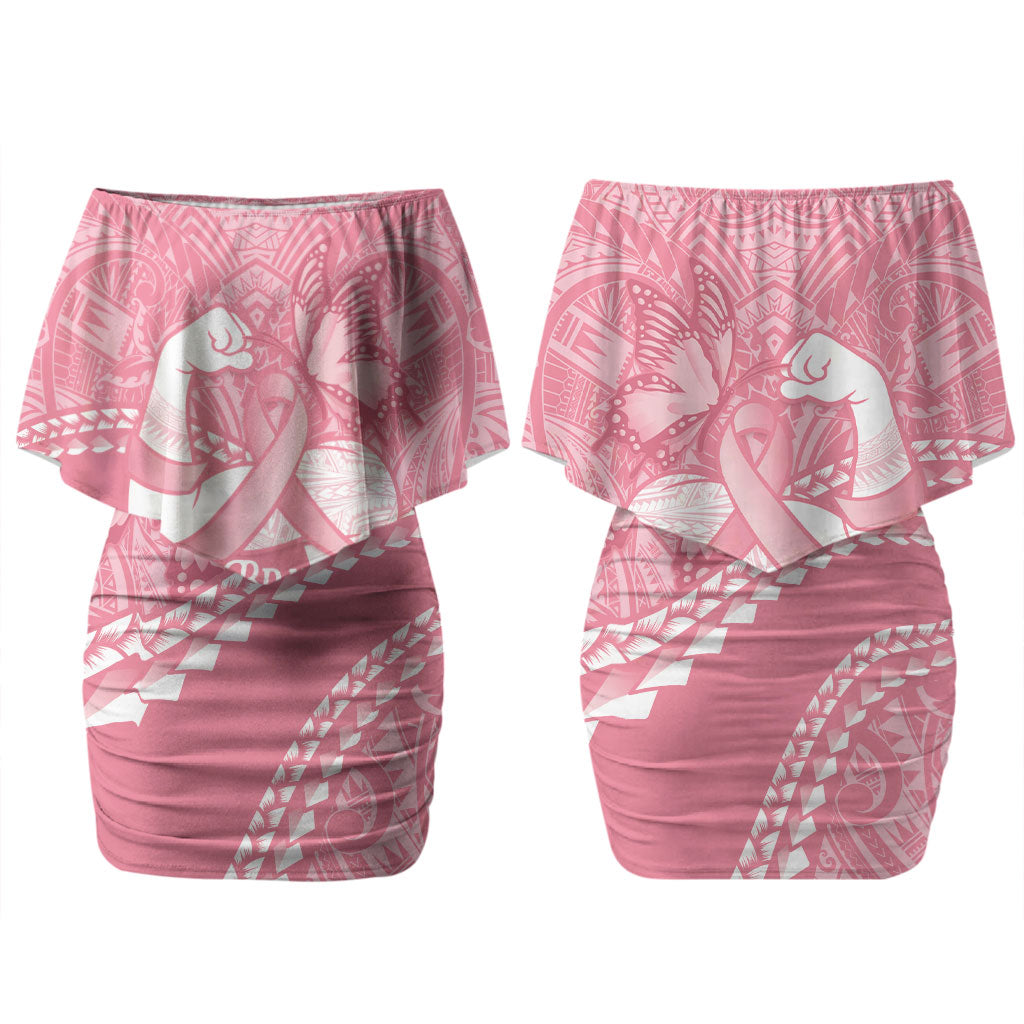 Personalised Polynesia Breast Cancer Awareness Couples Matching Off Shoulder Short Dress and Hawaiian Shirt Brave Strong Butterfly Pink Ribbon
