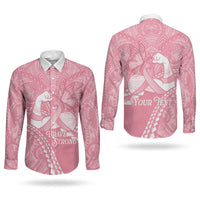 Personalised Polynesia Breast Cancer Awareness Couples Matching Off The Shoulder Long Sleeve Dress and Long Sleeve Button Shirt Brave Strong Butterfly Pink Ribbon