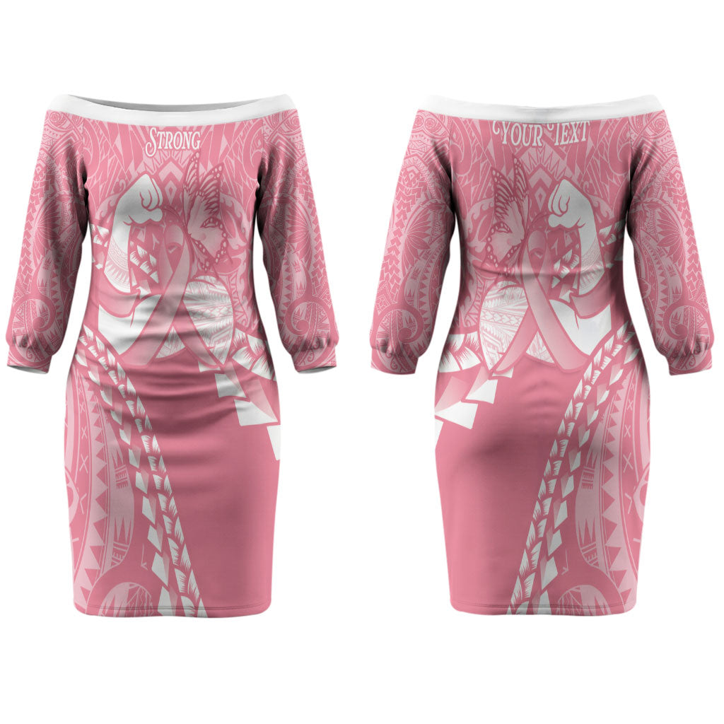 Personalised Polynesia Breast Cancer Awareness Couples Matching Off The Shoulder Long Sleeve Dress and Long Sleeve Button Shirt Brave Strong Butterfly Pink Ribbon