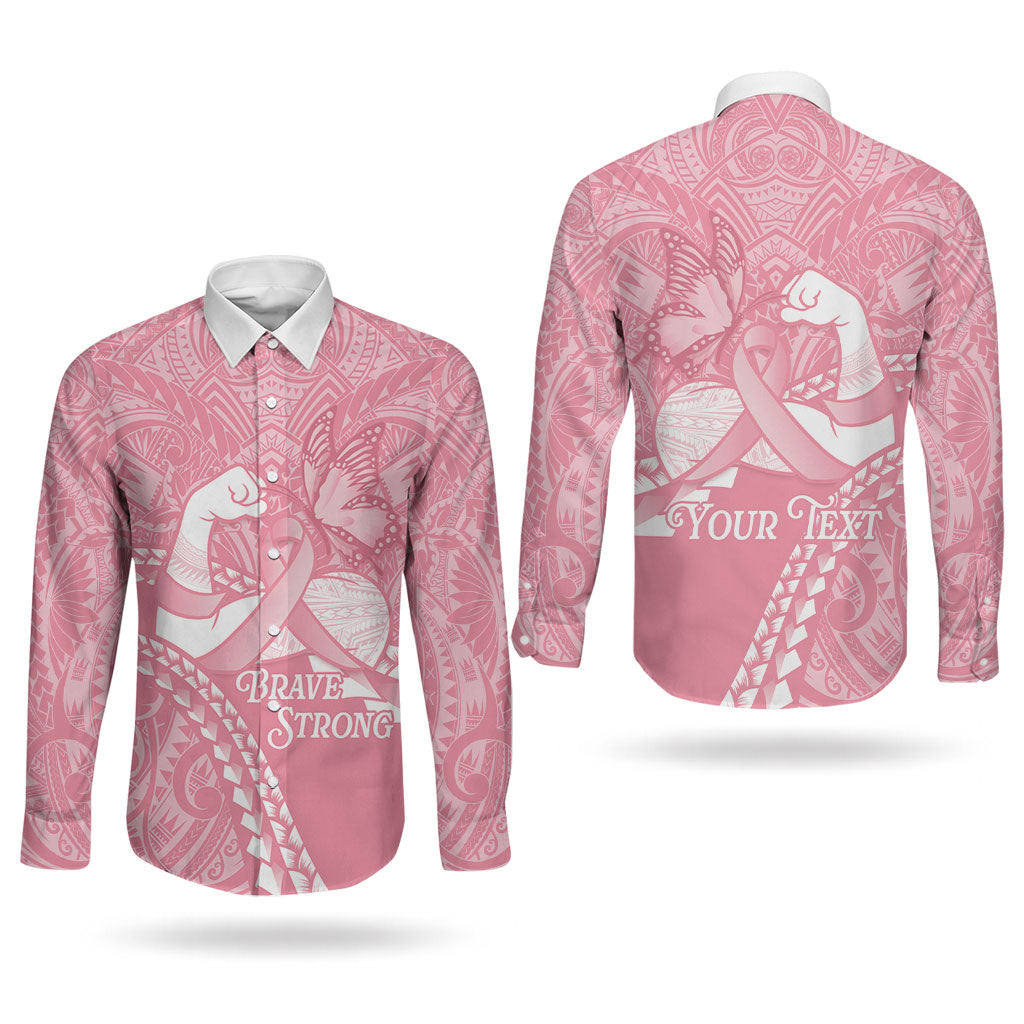 Personalised Polynesia Breast Cancer Awareness Couples Matching Tank Maxi Dress and Long Sleeve Button Shirt Brave Strong Butterfly Pink Ribbon