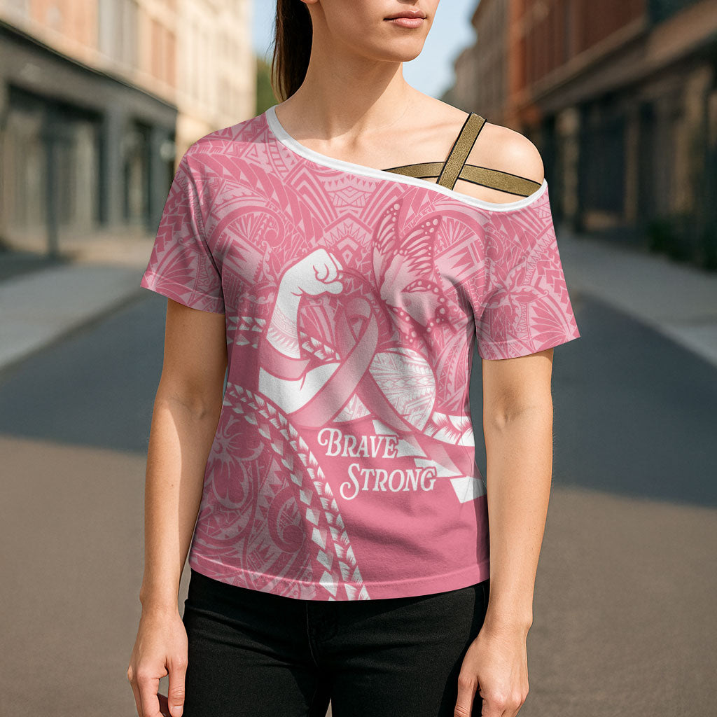Personalised Polynesia Breast Cancer Awareness Cross Shoulder Shirt Brave Strong Butterfly Pink Ribbon