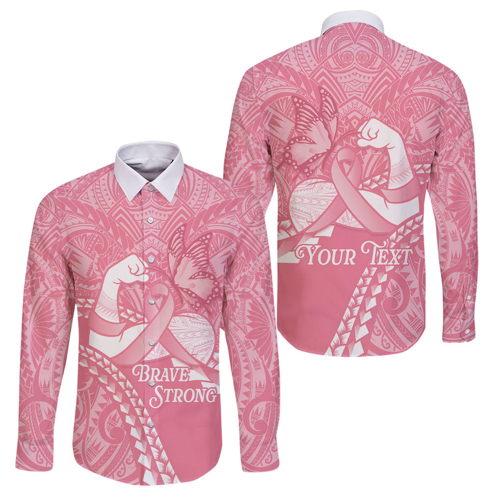Personalised Polynesia Breast Cancer Awareness Family Matching Off Shoulder Short Dress and Hawaiian Shirt Brave Strong Butterfly Pink Ribbon