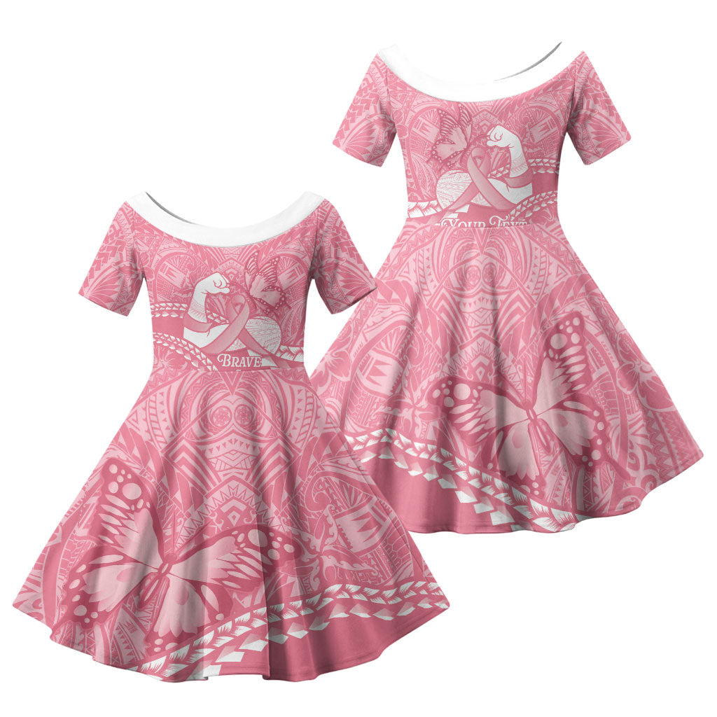 Personalised Polynesia Breast Cancer Awareness Family Matching Puletasi and Hawaiian Shirt Brave Strong Butterfly Pink Ribbon LT14 Daughter's Dress Pink - Polynesian Pride