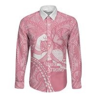 Personalised Polynesia Breast Cancer Awareness Long Sleeve Button Shirt Brave Strong Butterfly Pink Ribbon