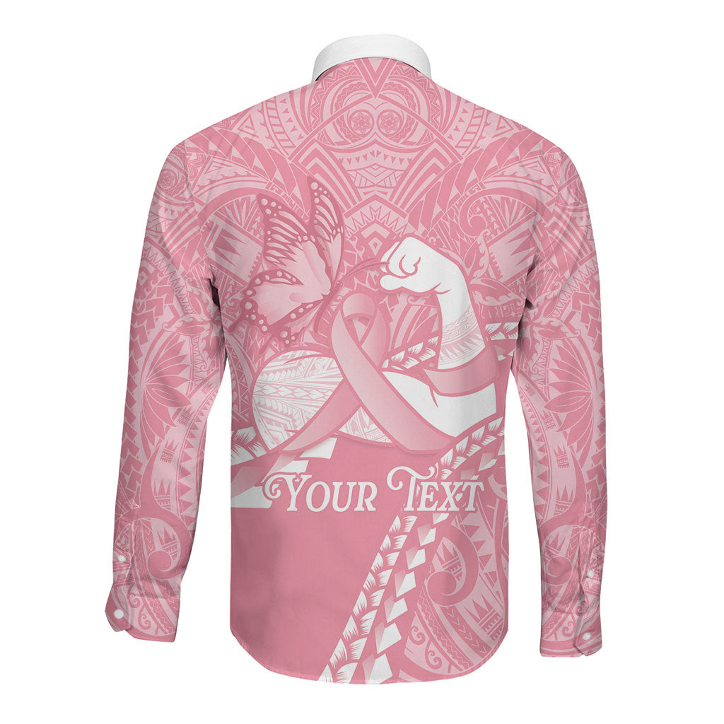 Personalised Polynesia Breast Cancer Awareness Long Sleeve Button Shirt Brave Strong Butterfly Pink Ribbon