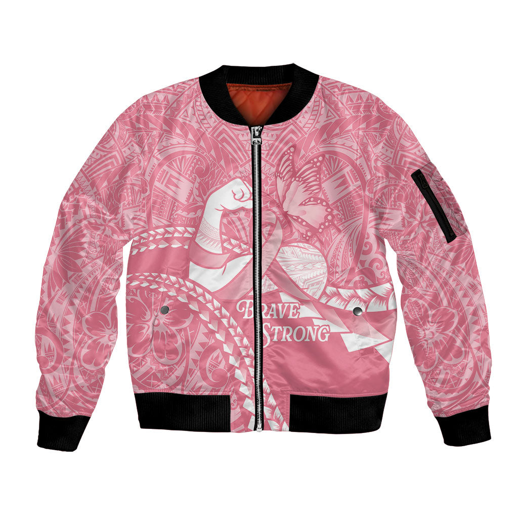 Personalised Polynesia Breast Cancer Awareness Sleeve Zip Bomber Jacket Brave Strong Butterfly Pink Ribbon