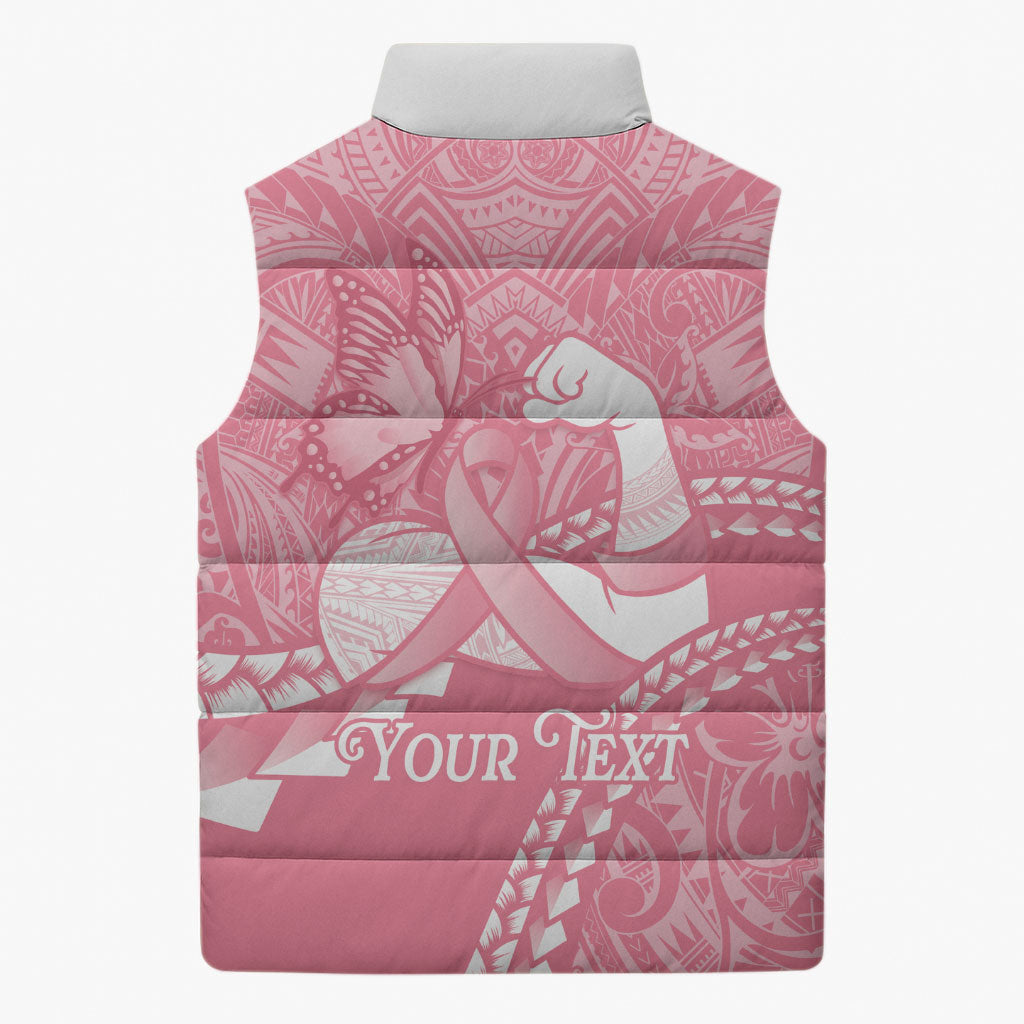 Personalised Polynesia Breast Cancer Awareness Sleeveless Puffer Jacket Brave Strong Butterfly Pink Ribbon