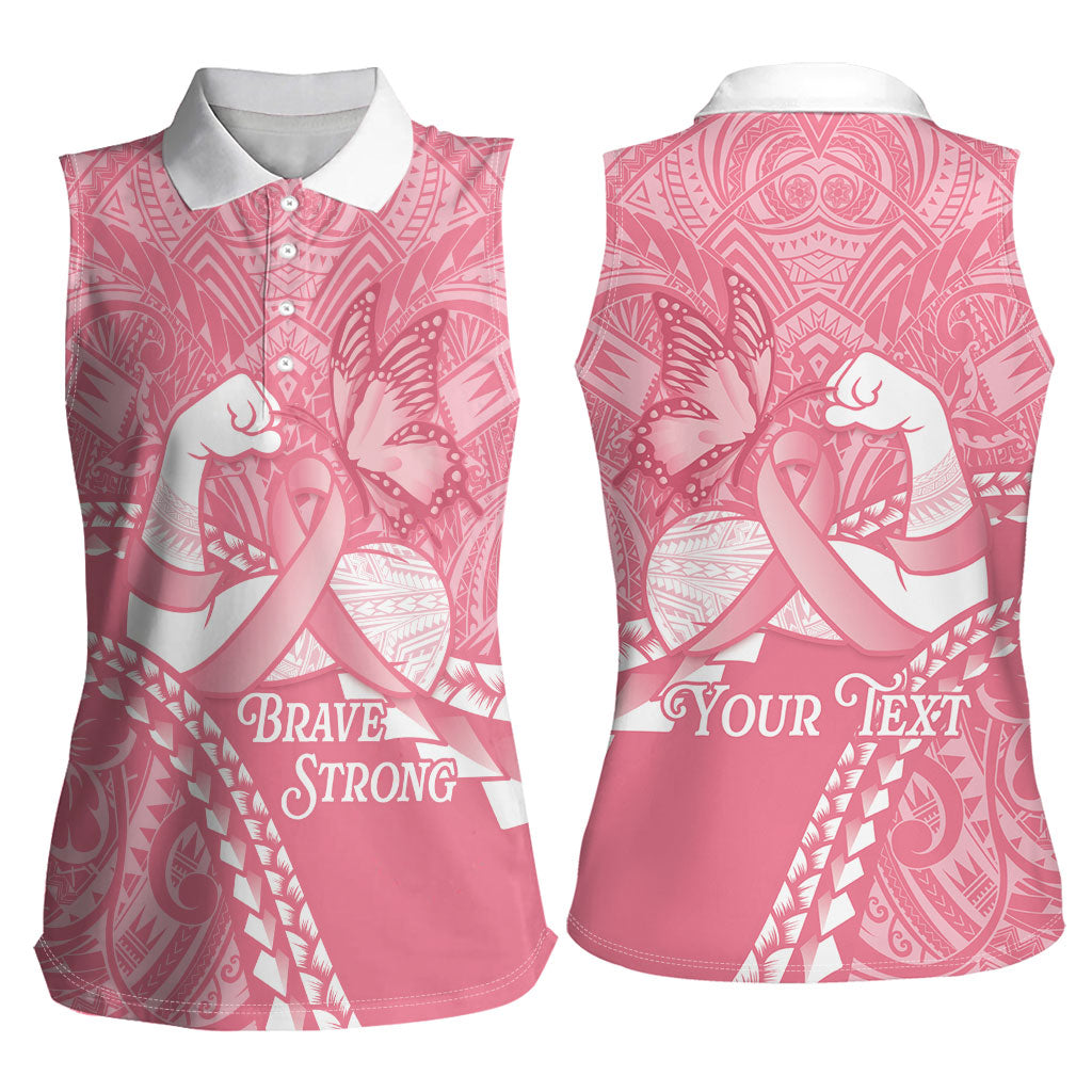 Personalised Polynesia Breast Cancer Awareness Women Sleeveless Polo Shirt Brave Strong Butterfly Pink Ribbon