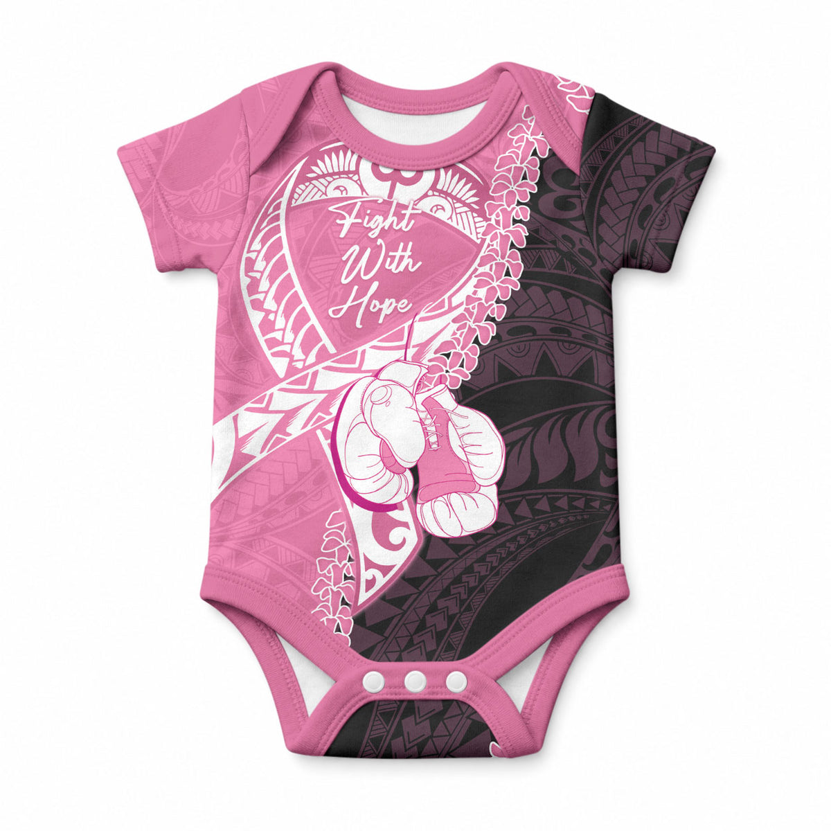Personalised Polynesia Breast Cancer Awareness Baby Onesie Fight With Hope Pink Ribbon Boxing Gloves