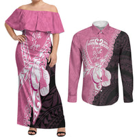 Personalised Polynesia Breast Cancer Awareness Couples Matching Off Shoulder Maxi Dress and Long Sleeve Button Shirt Fight With Hope Pink Ribbon Boxing Gloves