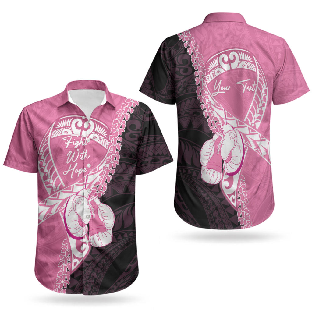 Personalised Polynesia Breast Cancer Awareness Couples Matching Short Sleeve Bodycon Dress and Hawaiian Shirt Fight With Hope Pink Ribbon Boxing Gloves