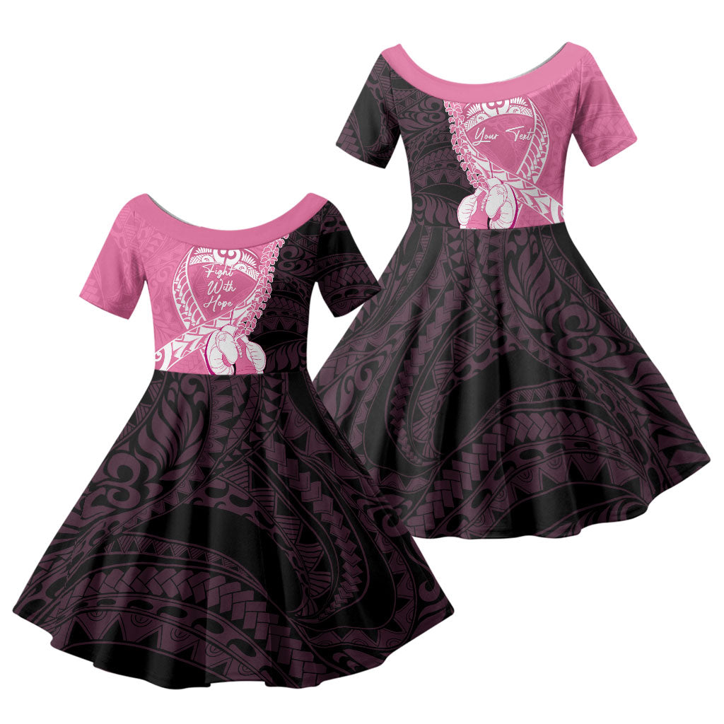 Personalised Polynesia Breast Cancer Awareness Family Matching Long Sleeve Bodycon Dress and Hawaiian Shirt Fight With Hope Pink Ribbon Boxing Gloves