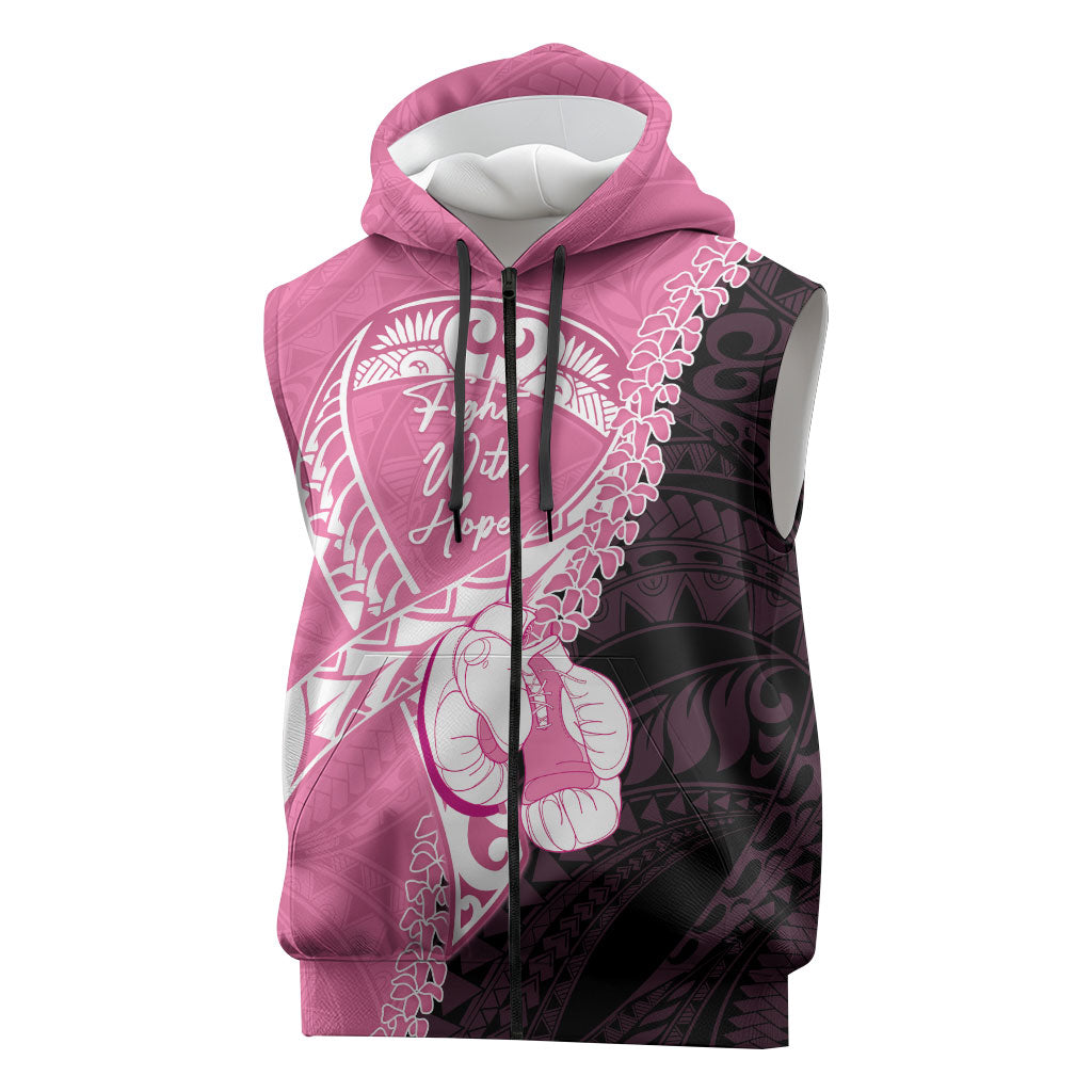 Personalised Polynesia Breast Cancer Awareness Sleeveless Zip Hoodie Fight With Hope Pink Ribbon Boxing Gloves