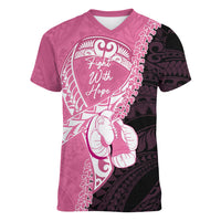 Personalised Polynesia Breast Cancer Awareness Women V-Neck T-Shirt Fight With Hope Pink Ribbon Boxing Gloves