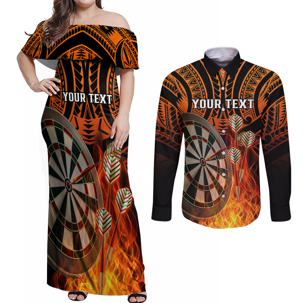 Personalised Polynesian Darts Couples Matching Off Shoulder Maxi Dress and Long Sleeve Button Shirts Fire Burning With Tribal Tattoo LT14 Orange - Polynesian Pride