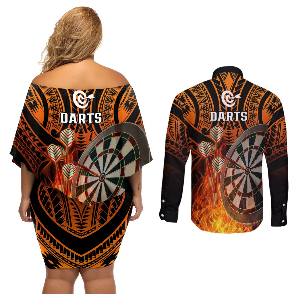 Personalised Polynesian Darts Couples Matching Off Shoulder Short Dress and Long Sleeve Button Shirts Fire Burning With Tribal Tattoo LT14 - Polynesian Pride