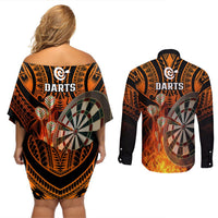 Personalised Polynesian Darts Couples Matching Off Shoulder Short Dress and Long Sleeve Button Shirts Fire Burning With Tribal Tattoo LT14 - Polynesian Pride