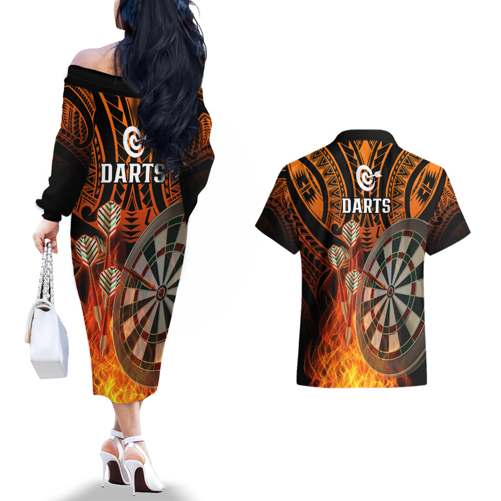 Personalised Polynesian Darts Couples Matching Off The Shoulder Long Sleeve Dress and Hawaiian Shirt Fire Burning With Tribal Tattoo LT14 - Polynesian Pride