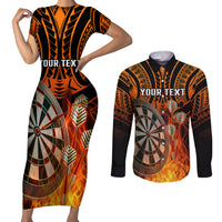 Personalised Polynesian Darts Couples Matching Short Sleeve Bodycon Dress and Long Sleeve Button Shirts Fire Burning With Tribal Tattoo LT14 Orange - Polynesian Pride