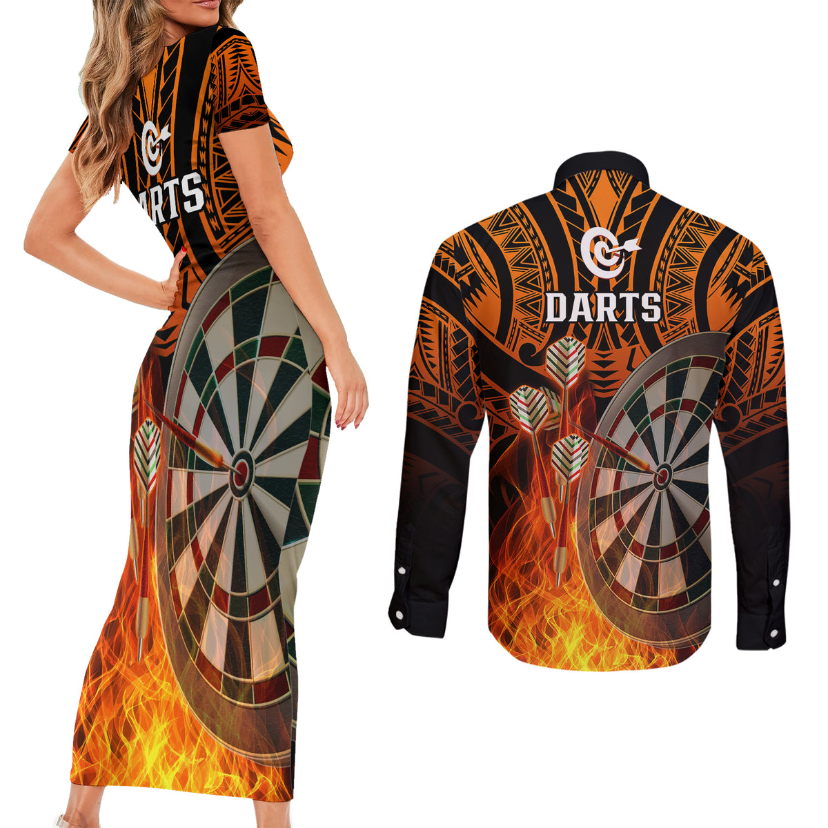 Personalised Polynesian Darts Couples Matching Short Sleeve Bodycon Dress and Long Sleeve Button Shirts Fire Burning With Tribal Tattoo LT14 - Polynesian Pride