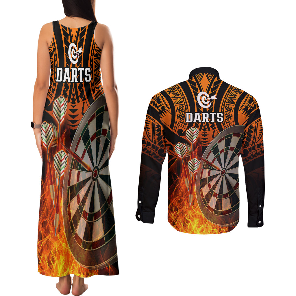 Personalised Polynesian Darts Couples Matching Tank Maxi Dress and Long Sleeve Button Shirts Fire Burning With Tribal Tattoo LT14 - Polynesian Pride