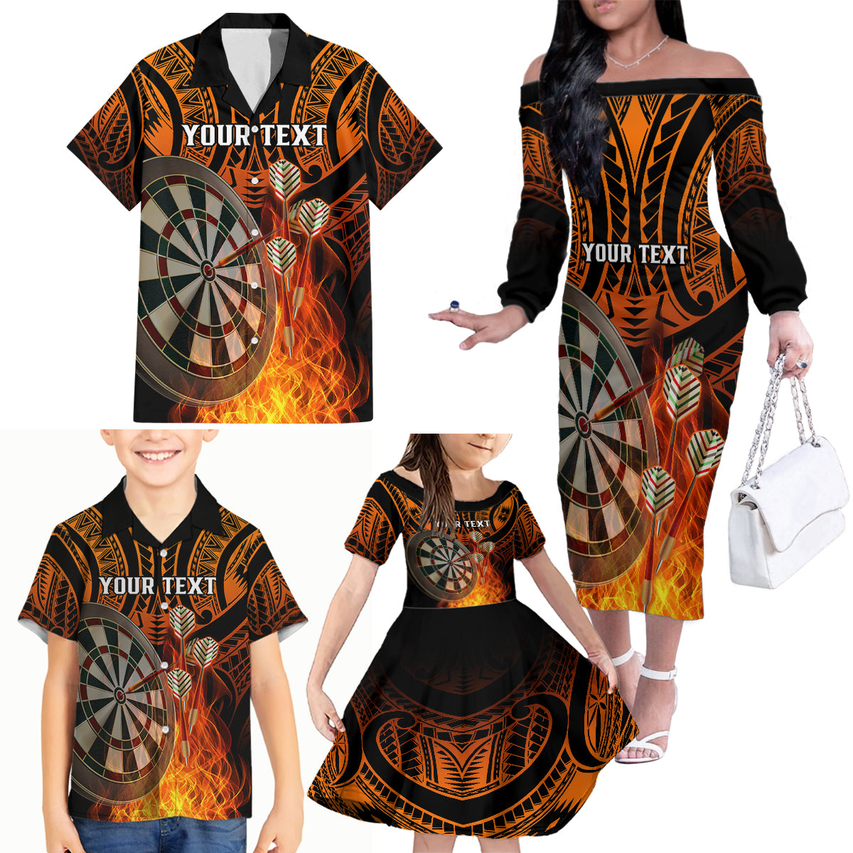 Personalised Polynesian Darts Family Matching Off Shoulder Long Sleeve Dress and Hawaiian Shirt Fire Burning With Tribal Tattoo LT14 - Polynesian Pride