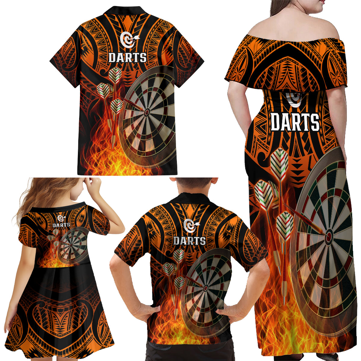 Personalised Polynesian Darts Family Matching Off Shoulder Long Sleeve Dress and Hawaiian Shirt Fire Burning With Tribal Tattoo LT14 - Polynesian Pride