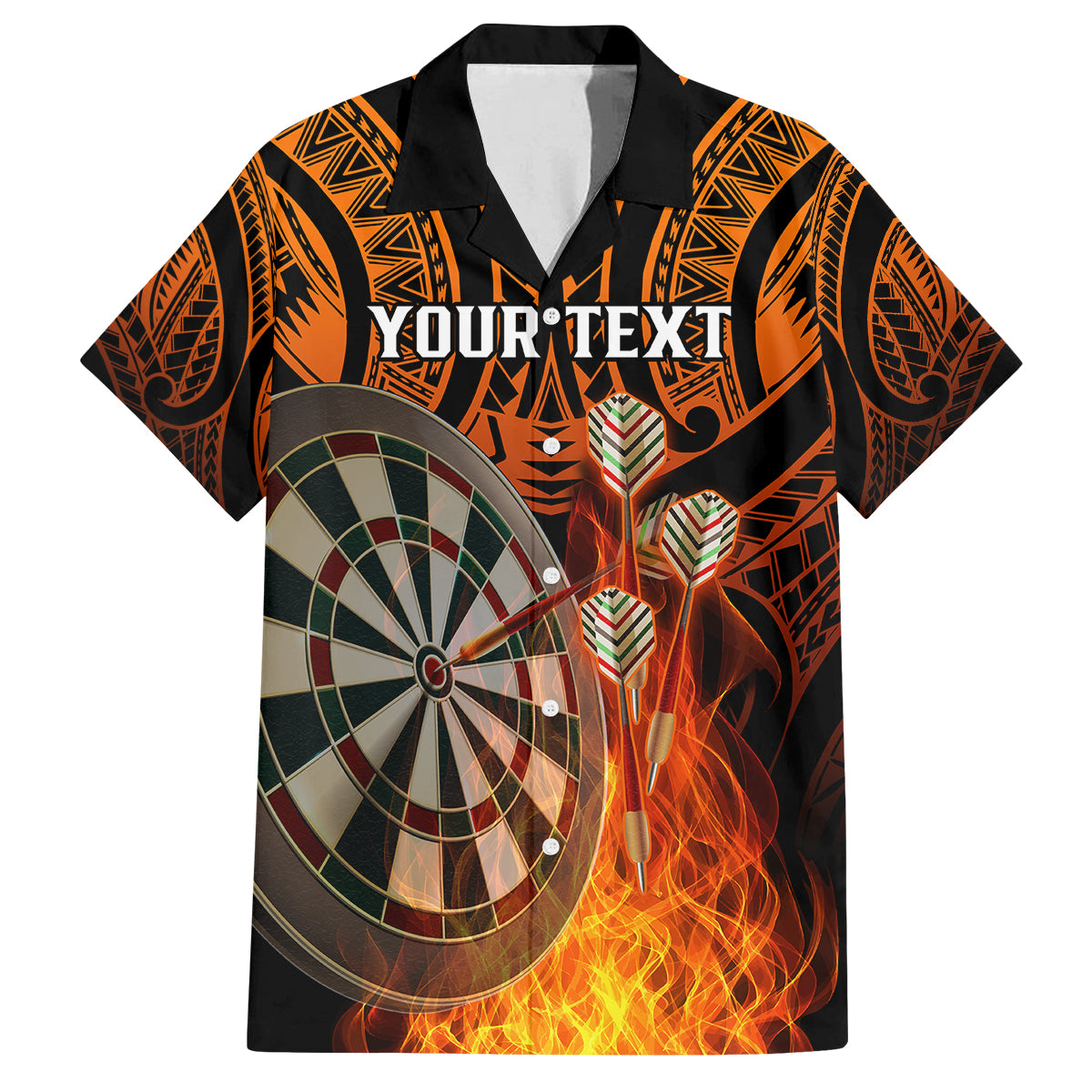 Personalised Polynesian Darts Family Matching Summer Maxi Dress and Hawaiian Shirt Fire Burning With Tribal Tattoo LT14 Dad's Shirt - Short Sleeve Orange - Polynesian Pride